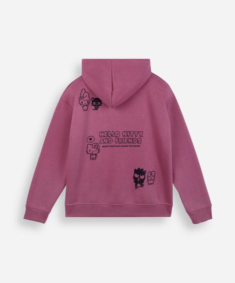 jaqueta oversized juvenil de moletom com capuz hello kitty roxa
