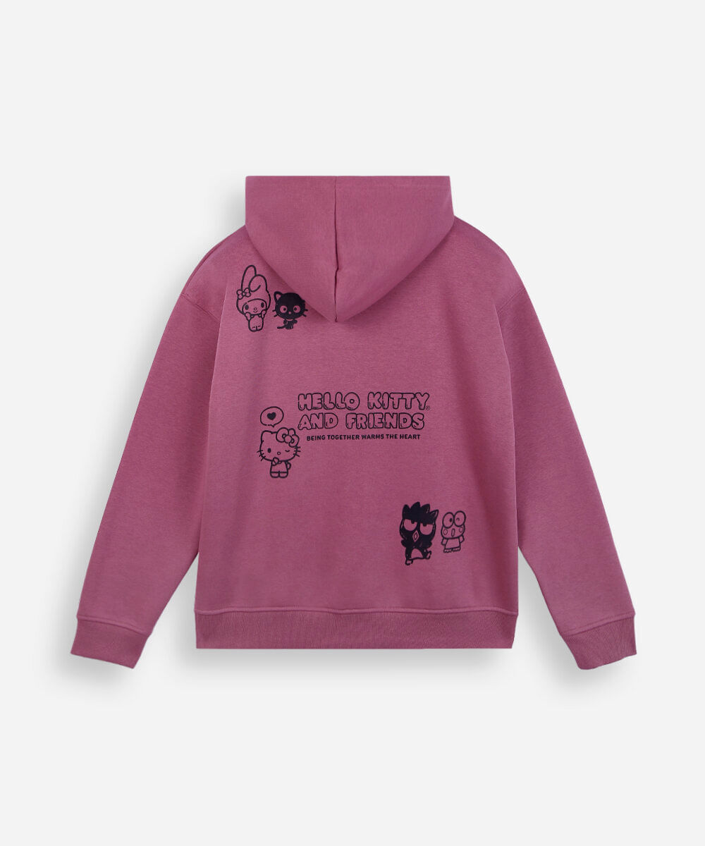 jaqueta oversized juvenil de moletom com capuz hello kitty roxa
