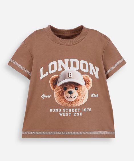 camiseta infantil london urso de boné bege
