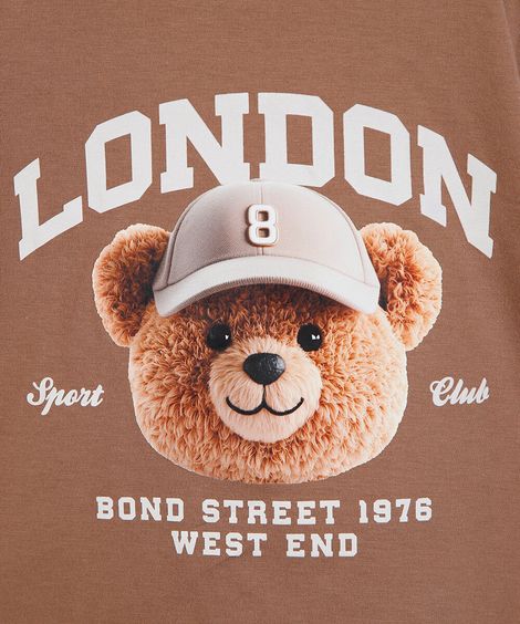 camiseta infantil london urso de boné bege