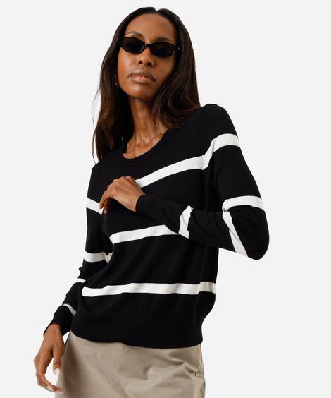 suéter básico feminino de tricot listrado preto
