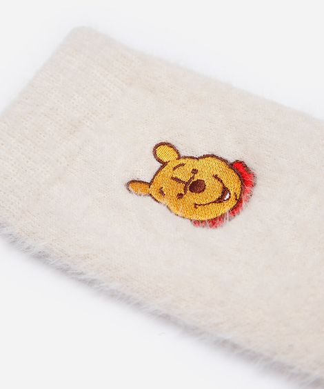 meia cano alto com bordado ursinho pooh texturizada bege