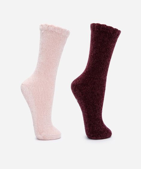 kit de 2 meias cano alto em chenille antiderrapante colorido