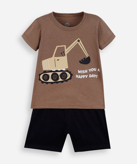 conjunto infantil curto de algodão escavadeira marrom