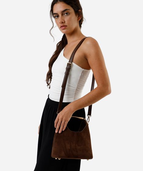 bolsa feminina texturizada com alça de metal marrom