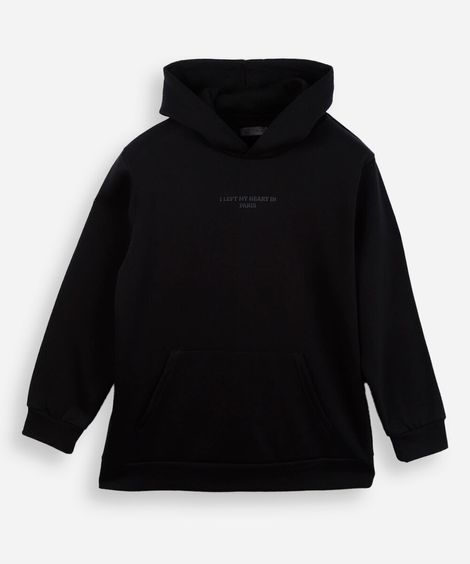 blusão de moletom juvenil com capuz estampado preto