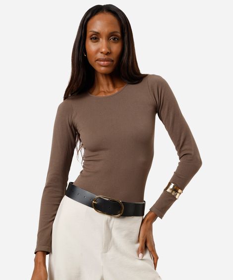 body feminino de poliamida manga longa canelado marrom