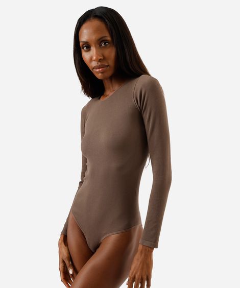 body feminino de poliamida manga longa canelado marrom
