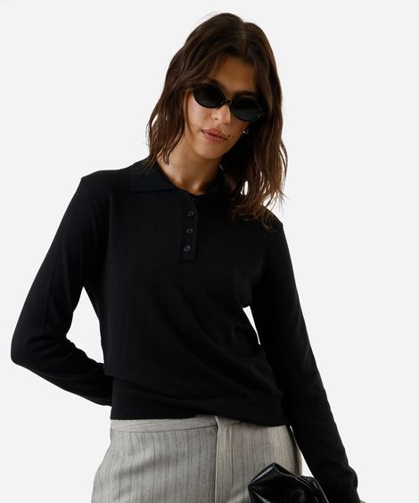 polo básica feminina de tricot manga longa preta