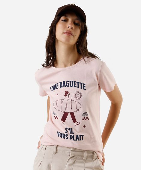 camiseta feminina de algodão estampada baguette rosa