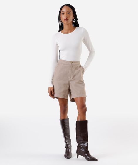 short feminino de sarja cintura alta recortes - kaki