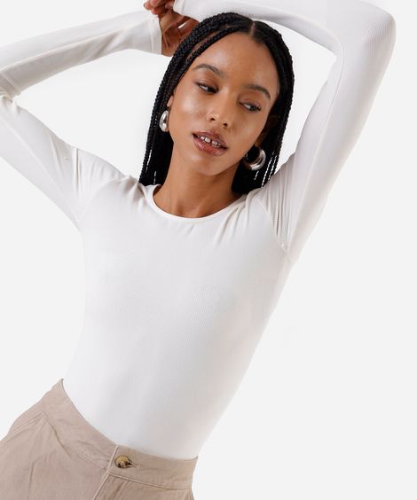 body feminino de poliamida manga longa canelado off white