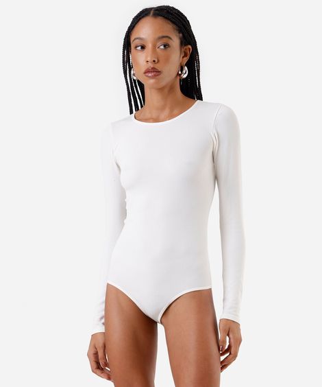 body feminino de poliamida manga longa canelado off white