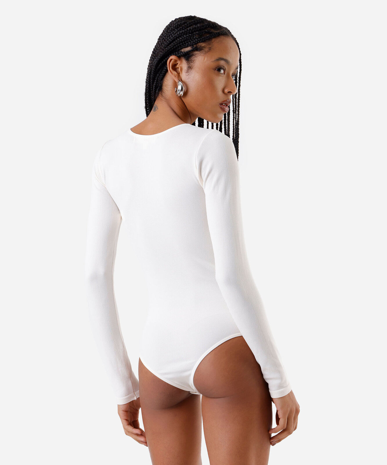 body feminino de poliamida manga longa canelado off white