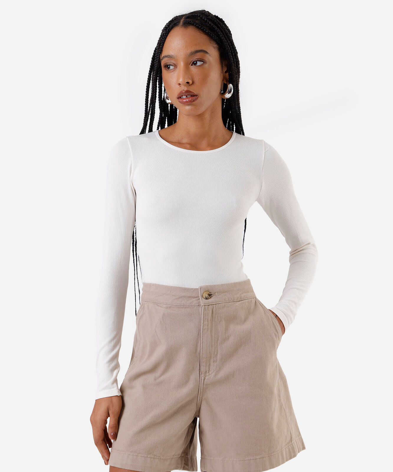 body feminino de poliamida manga longa canelado off white