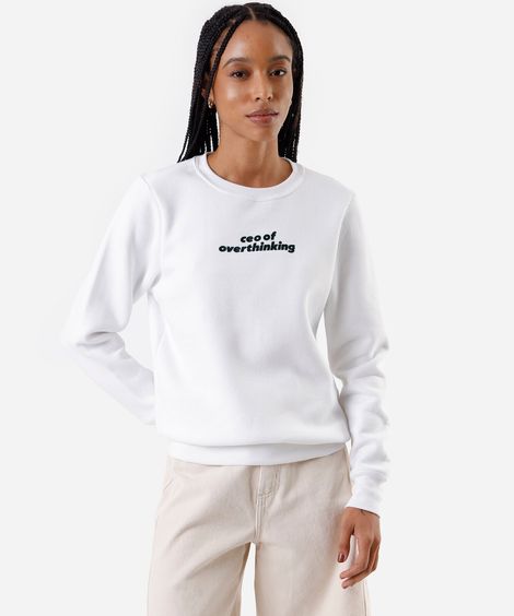 blusão feminino de moletom gola redonda estampado off white