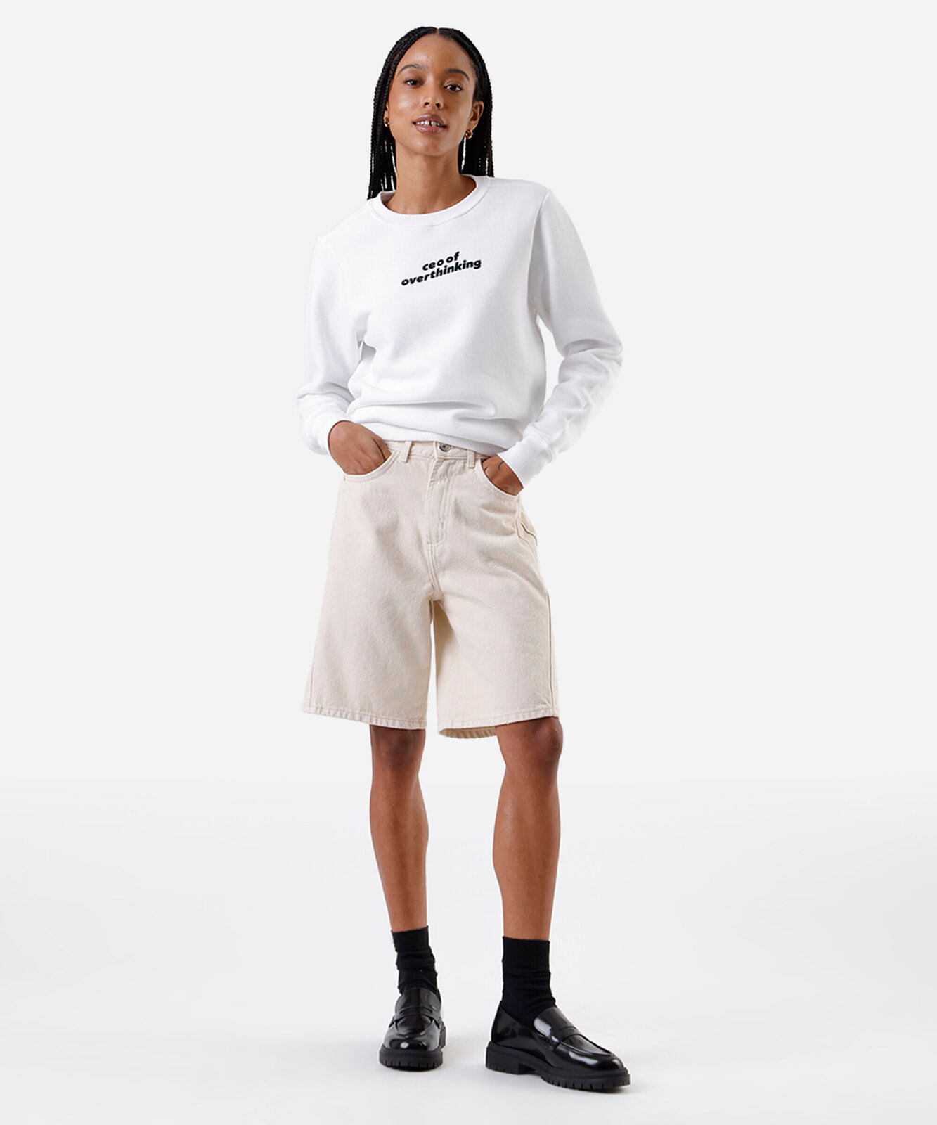 blusão feminino de moletom gola redonda estampado off white