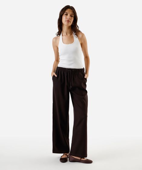 calça reta básica feminina cós elástico marrom