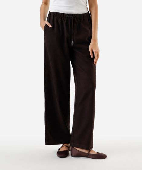 calça reta básica feminina cós elástico marrom