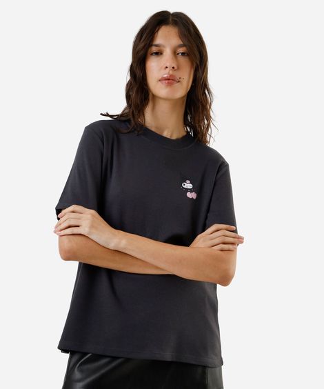 camiseta feminina de algodão hello kitty kuromi cinza