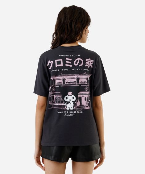 camiseta feminina de algodão hello kitty kuromi cinza