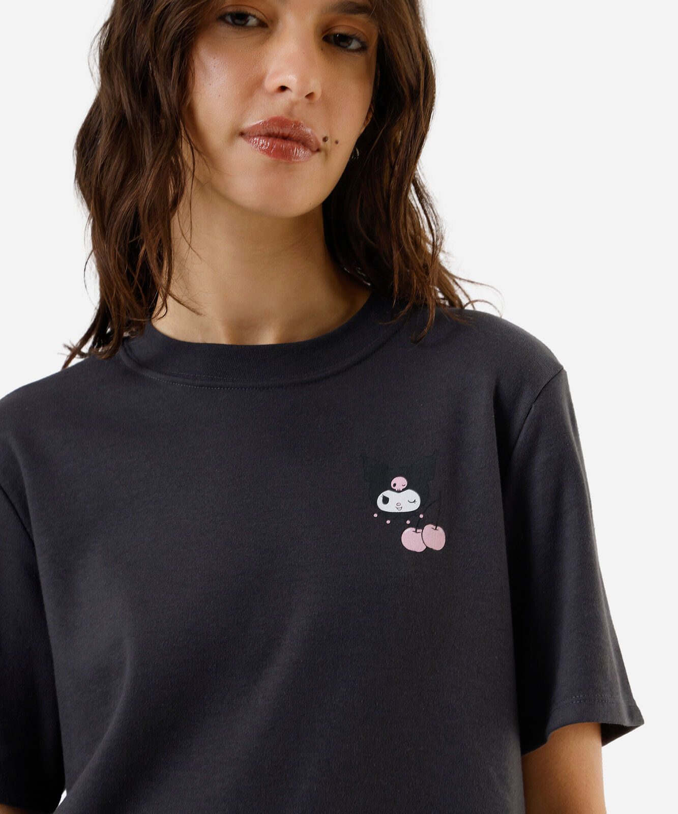 camiseta feminina de algodão hello kitty kuromi cinza