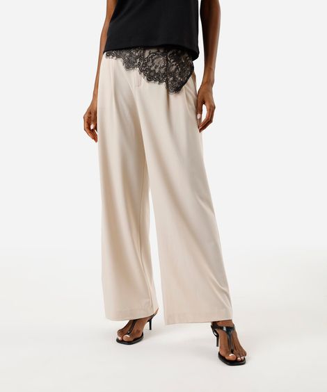 calça de alfaiataria wide leg feminina com pregas bege
