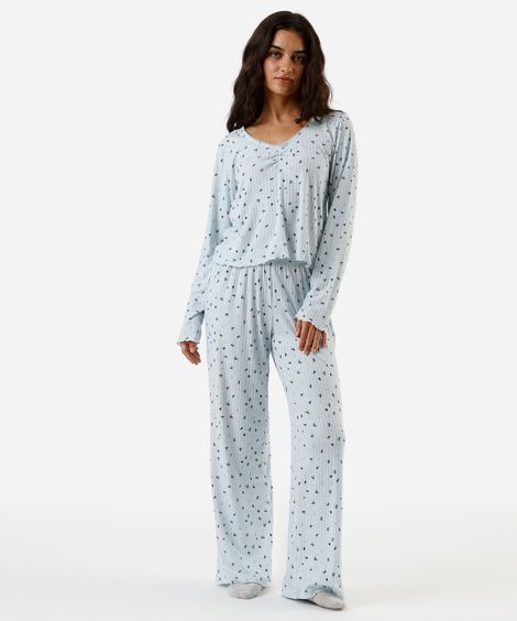 pijama longo feminino canelado floral azul