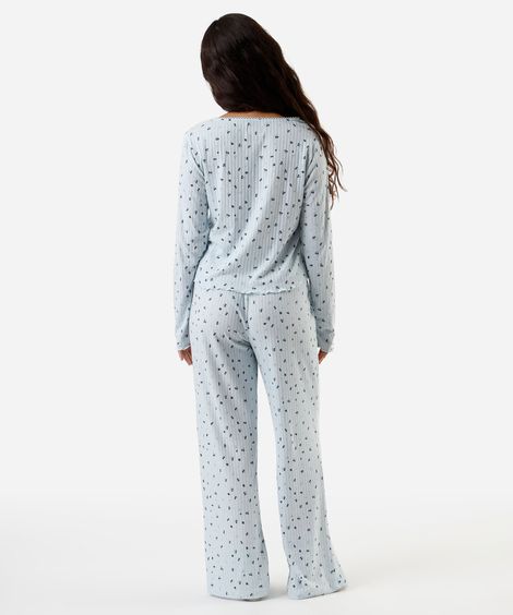 pijama longo feminino canelado floral azul