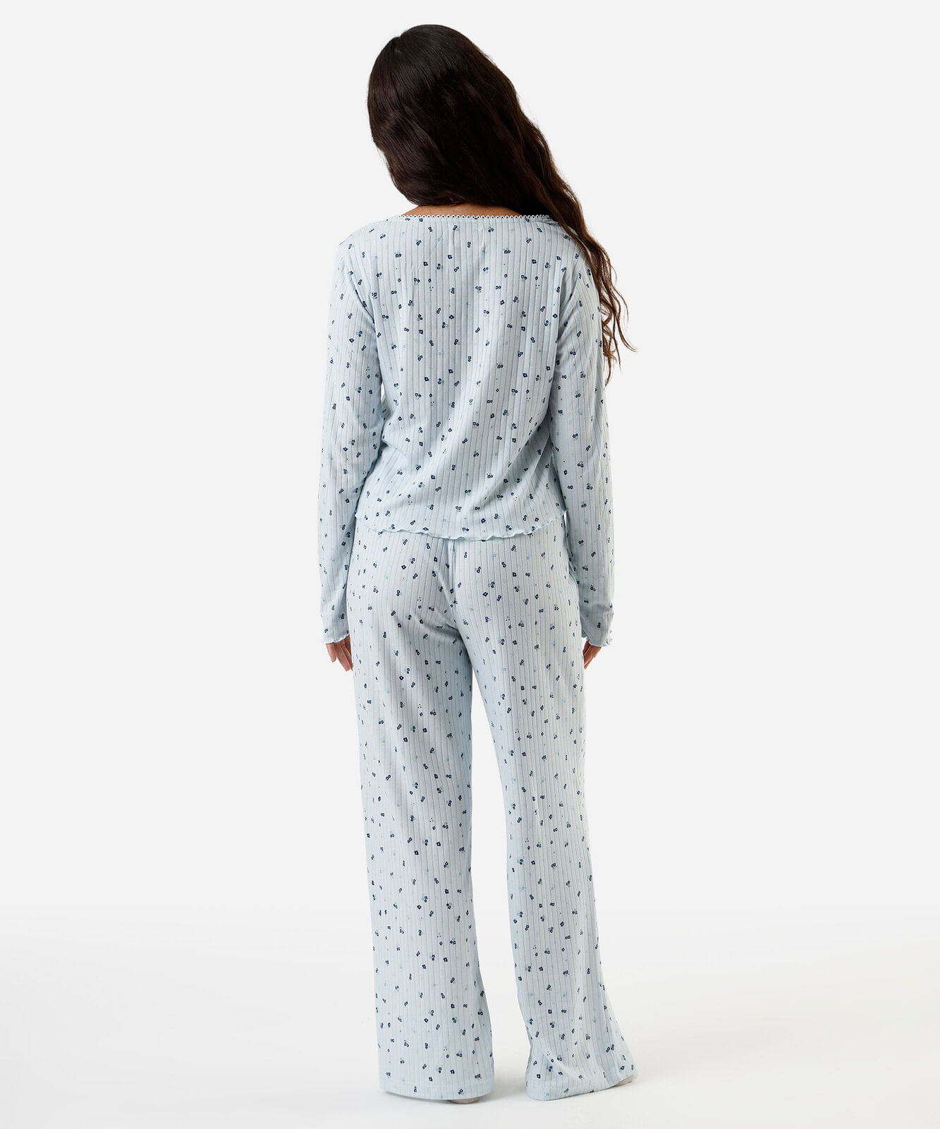 pijama longo feminino canelado floral azul