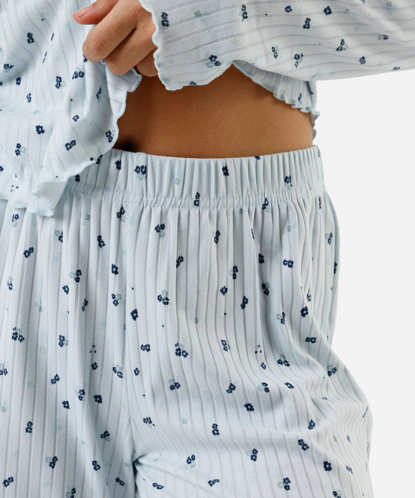 pijama longo feminino canelado floral azul