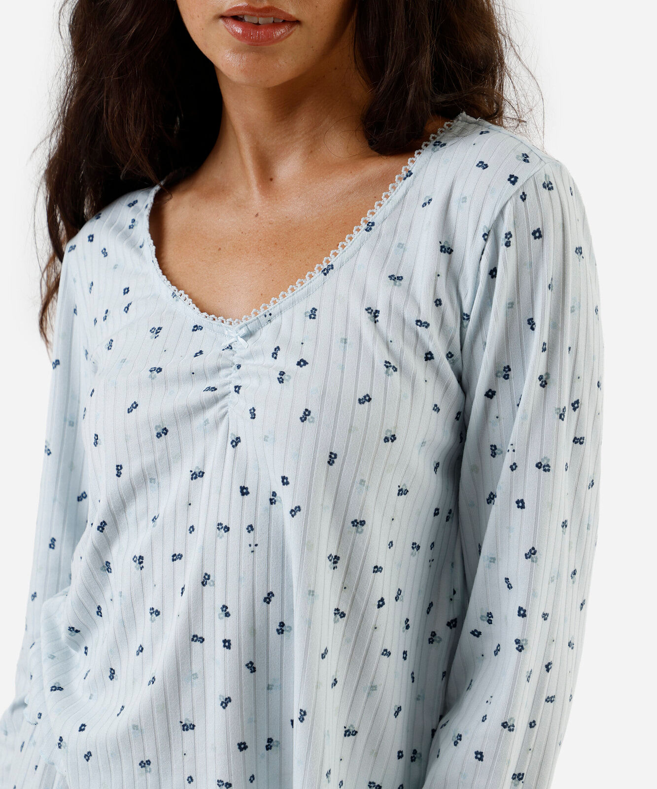 pijama longo feminino canelado floral azul