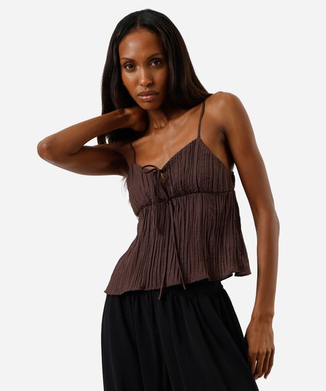 blusa alça fina feminina com liocel texturizada marrom