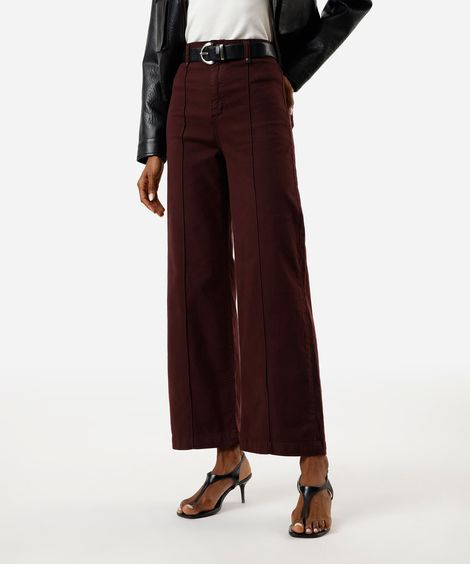 calça wide leg cropped feminina de sarja com nervura vinho