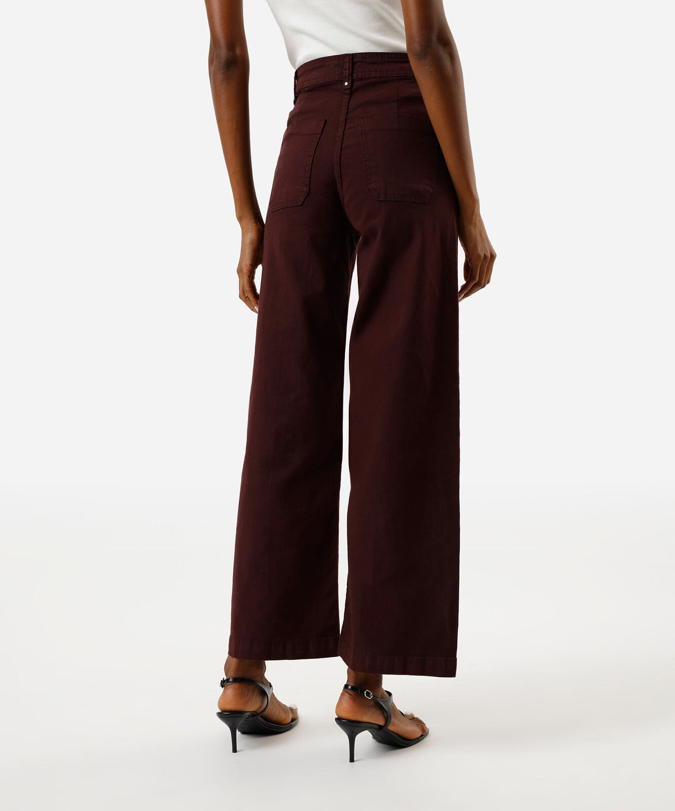 calça wide leg cropped feminina de sarja com nervura vinho