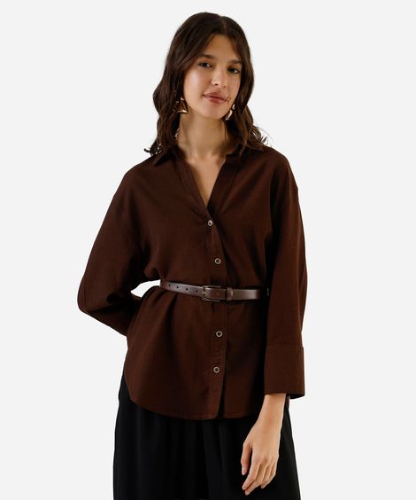camisa feminina com linho manga longa marrom