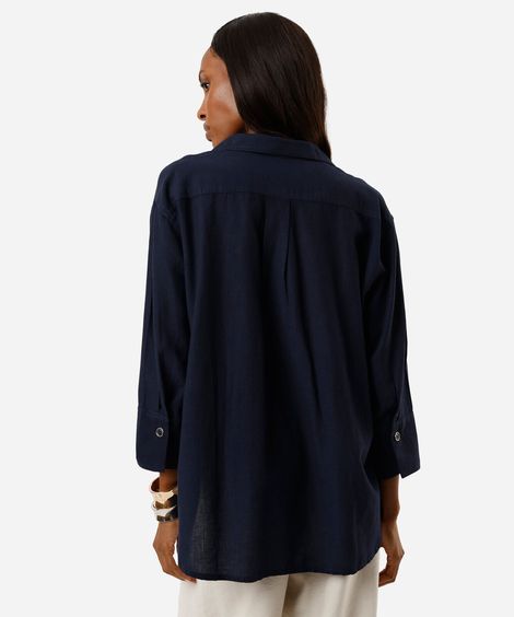 camisa feminina com linho manga longa azul