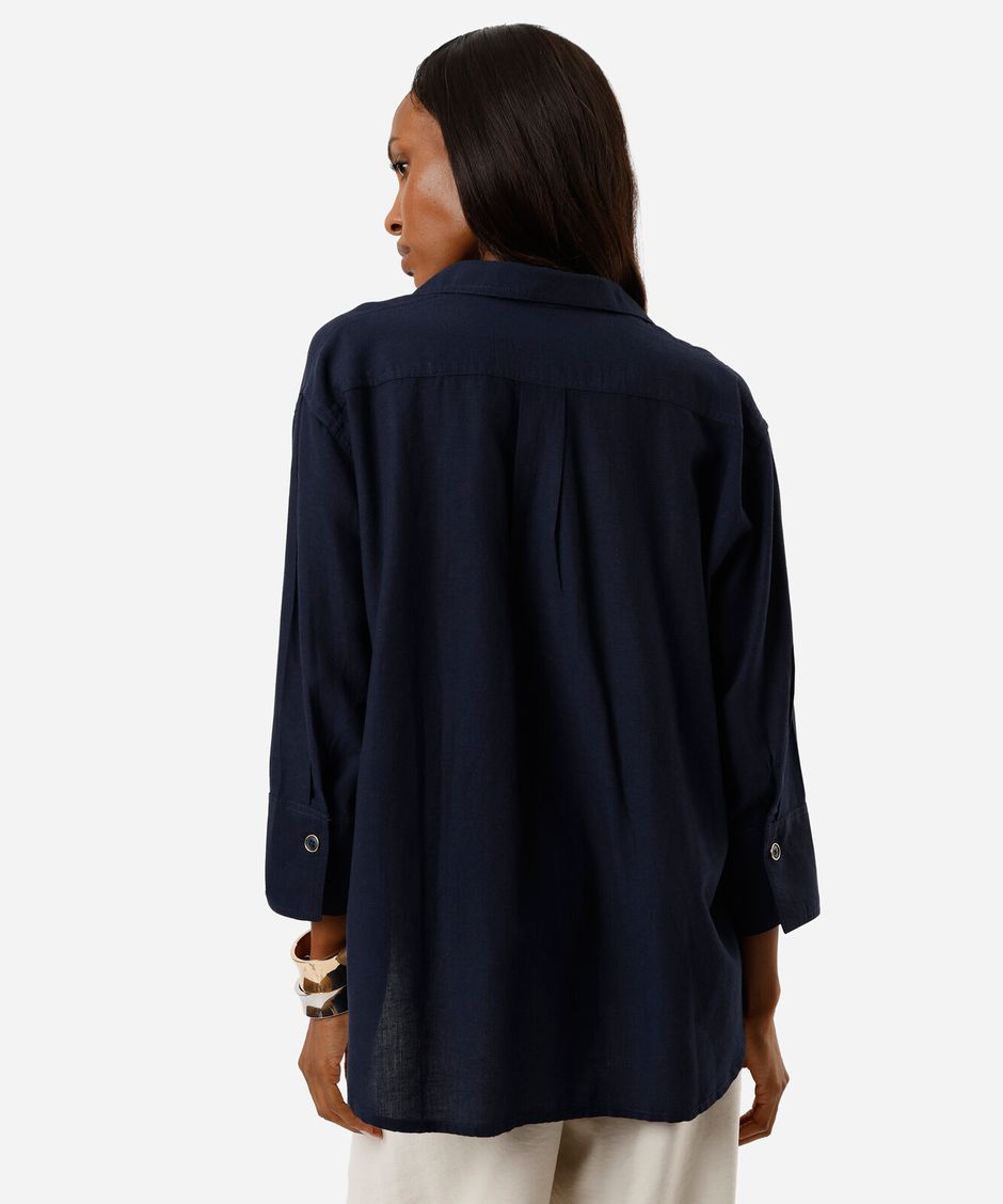 camisa feminina com linho manga longa azul