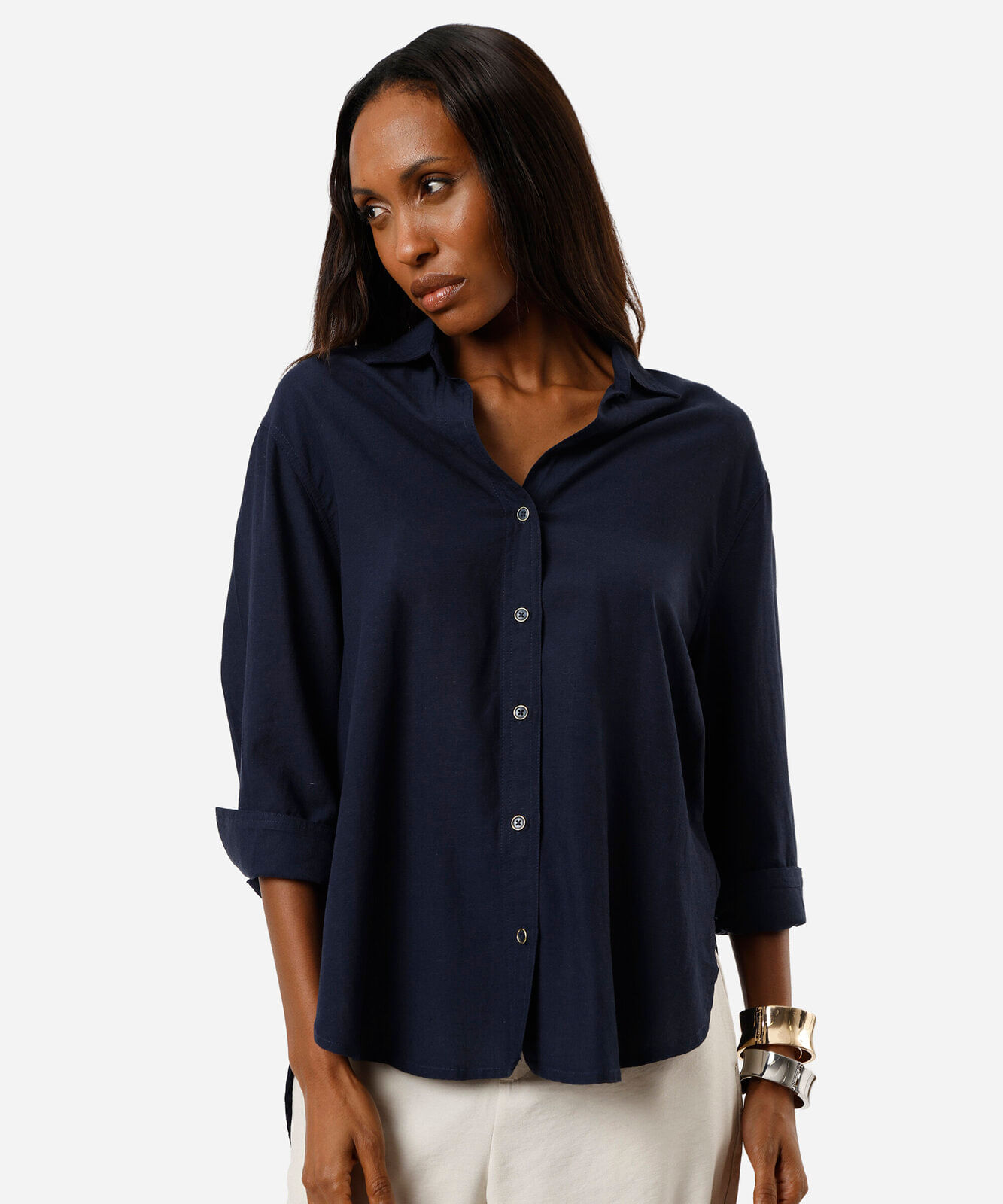 camisa feminina com linho manga longa azul