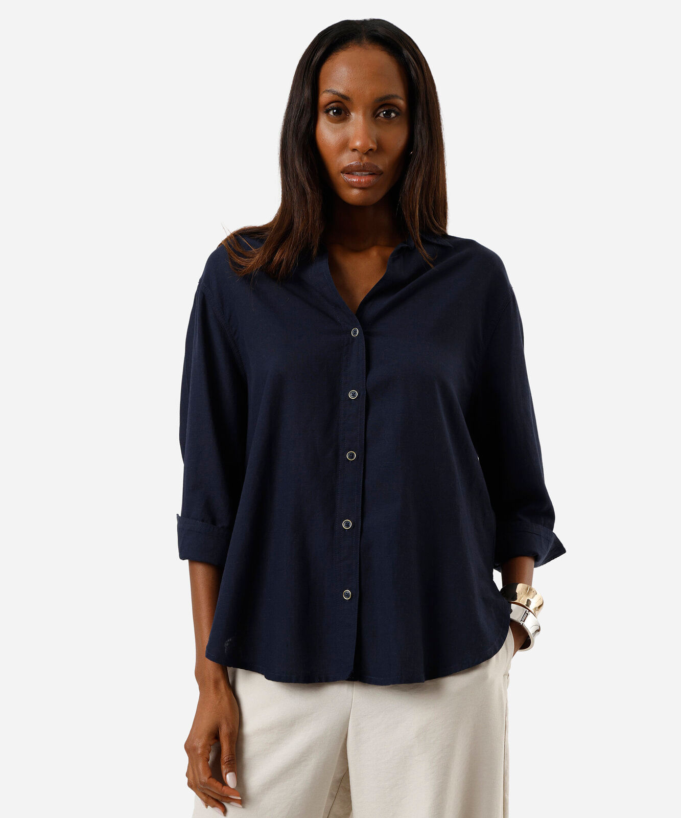 camisa feminina com linho manga longa azul