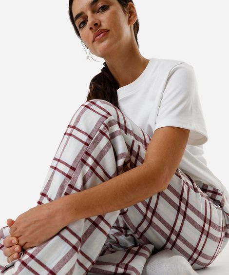 calça de pijama avulsa feminina de algodão xadrez vinho