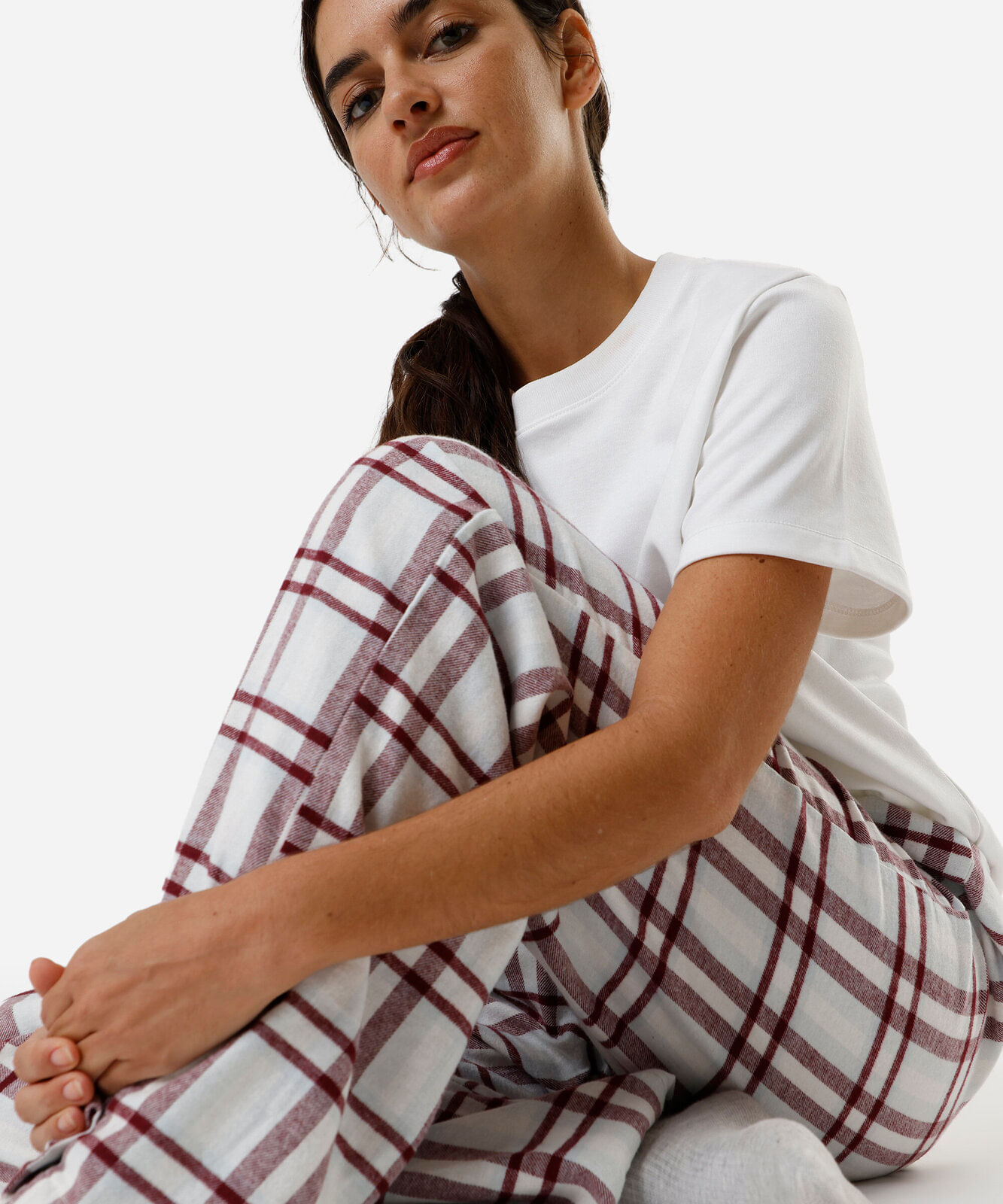 calça de pijama avulsa feminina de algodão xadrez vinho