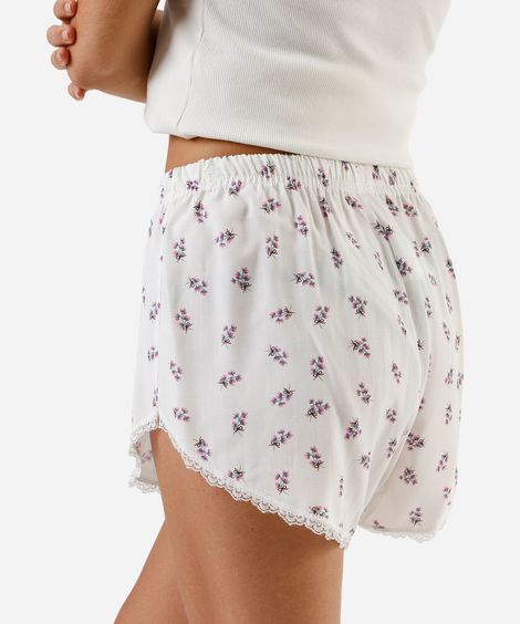 short de pijama avulso feminino em viscose com renda floral off white
