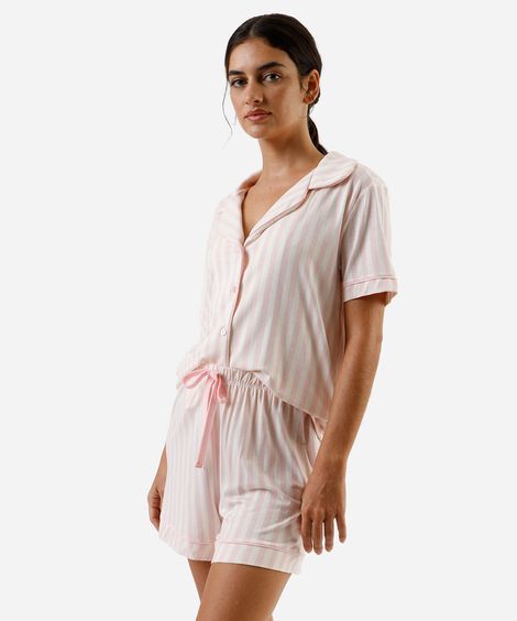 pijama americano curto feminino de viscose listrado rosa