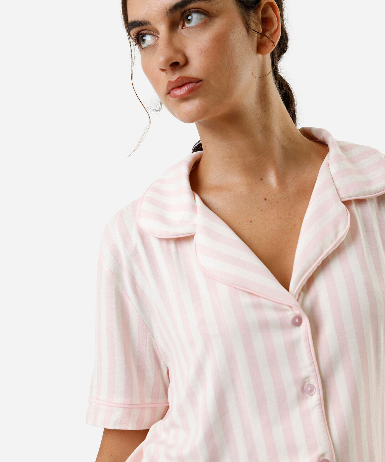 pijama americano curto feminino de viscose listrado rosa