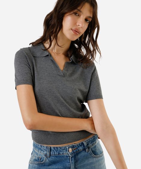 polo básica feminina de tricot manga curta cinza