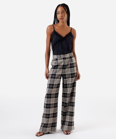 calça wide leg feminina xadrez cinza