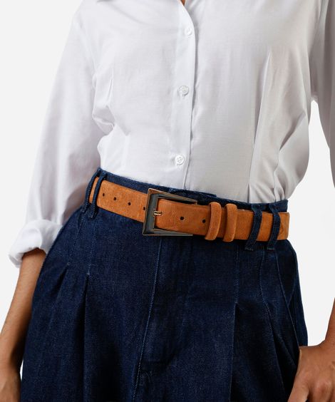 cinto de suede fivela retangular marrom