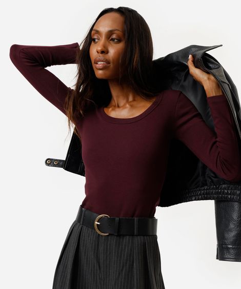 blusa básica feminina de algodão manga longa vinho