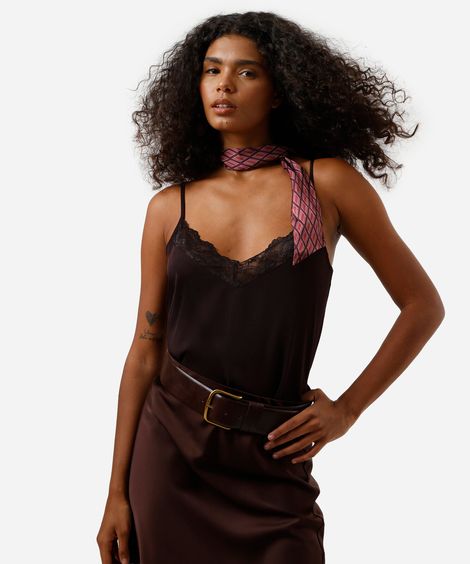 blusa feminina alcinha decote v com renda marrom